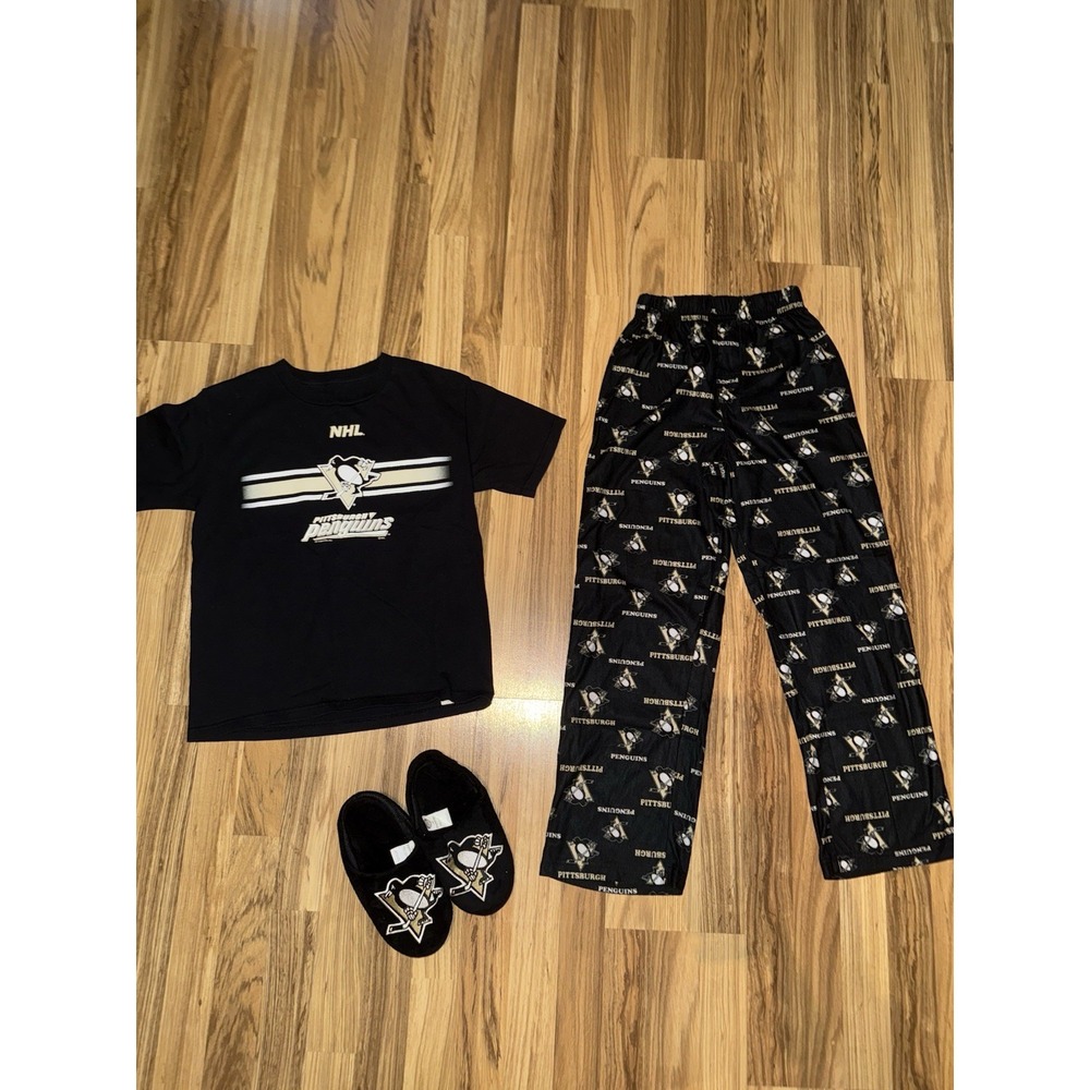 Pittsburgh Penguins Boys Sz‎ 10/12 PJ Pants T-shirt Graphic Tee Slippers 3/4